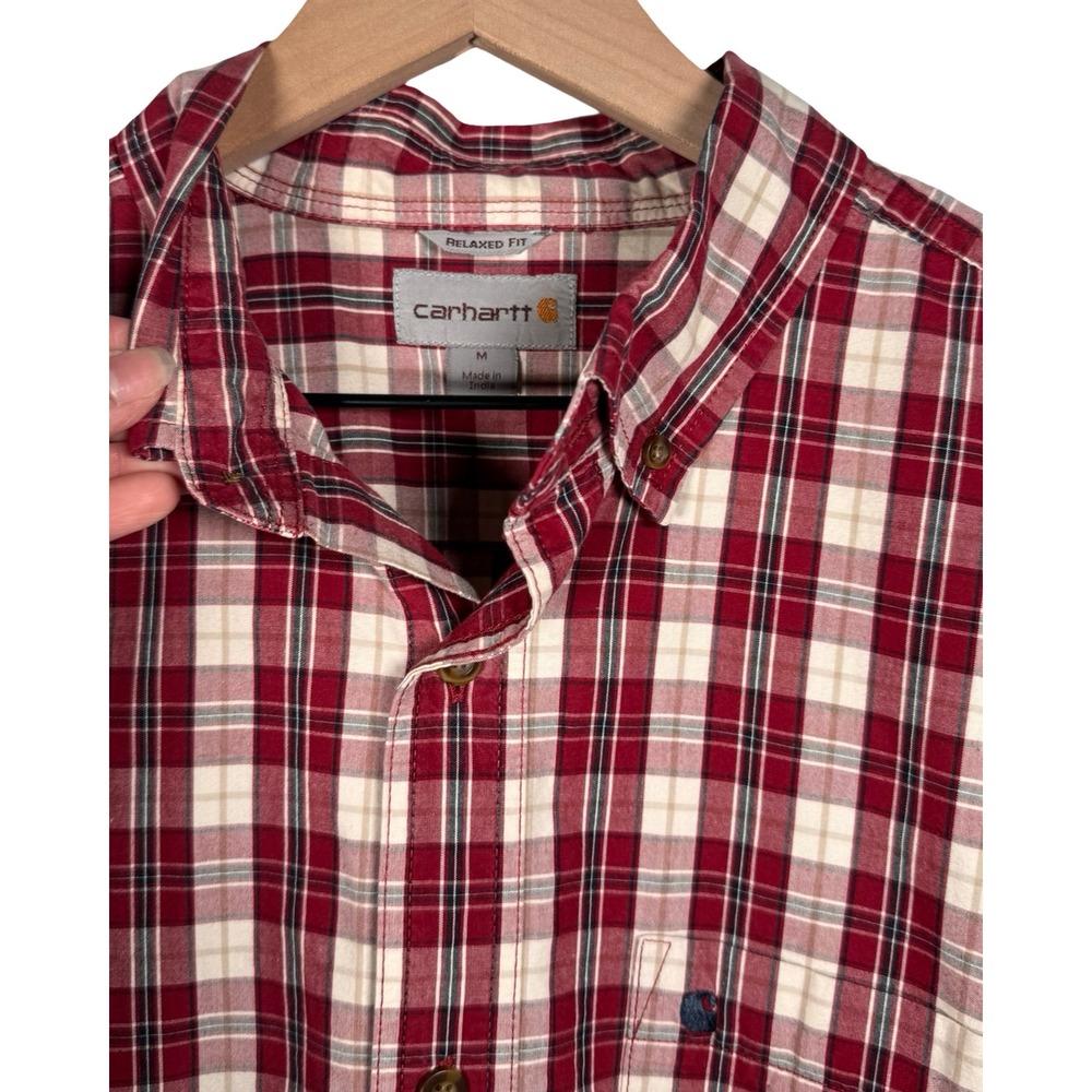 Carhartt Mens Relaxed Fit Plaid Short Sleeve Button Down Shirt Red White M - Picture 2 of 5